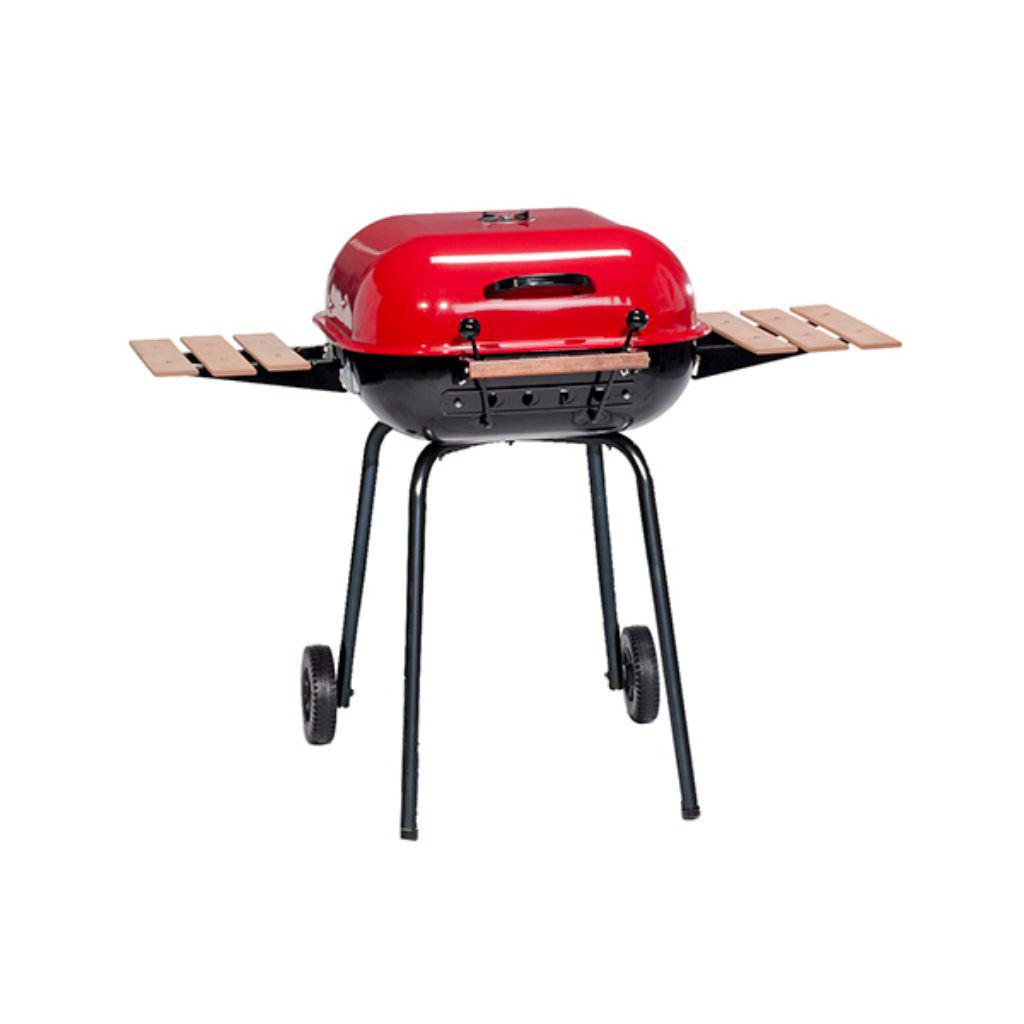Red Americana Swinger charcoal grill with two folding wooden side tables