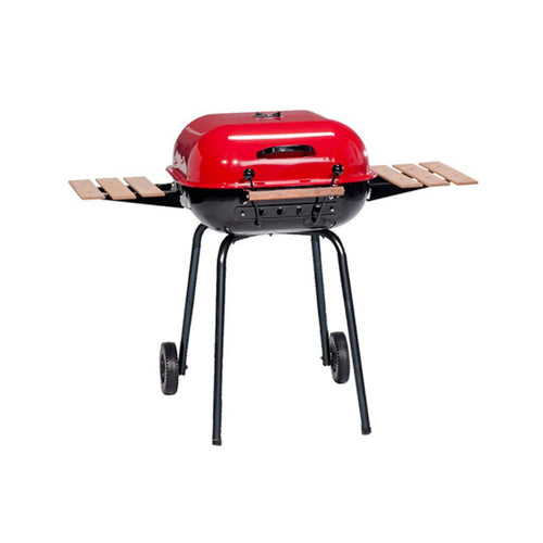 Red Americana Swinger charcoal grill with two folding wooden side tables