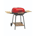 Red Americana Swinger charcoal grill with wooden side tables and bottom shelf