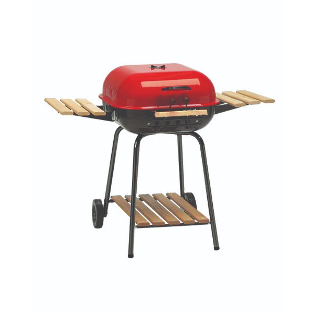 Red Americana Swinger charcoal grill with wooden side tables and bottom shelf