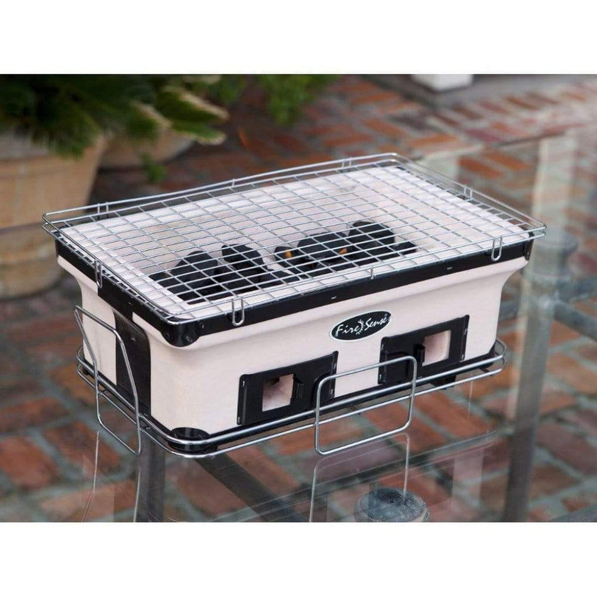 Fire Sense 18 inch handmade clay yakitori tabletop charcoal grill on chrome stand – view 5