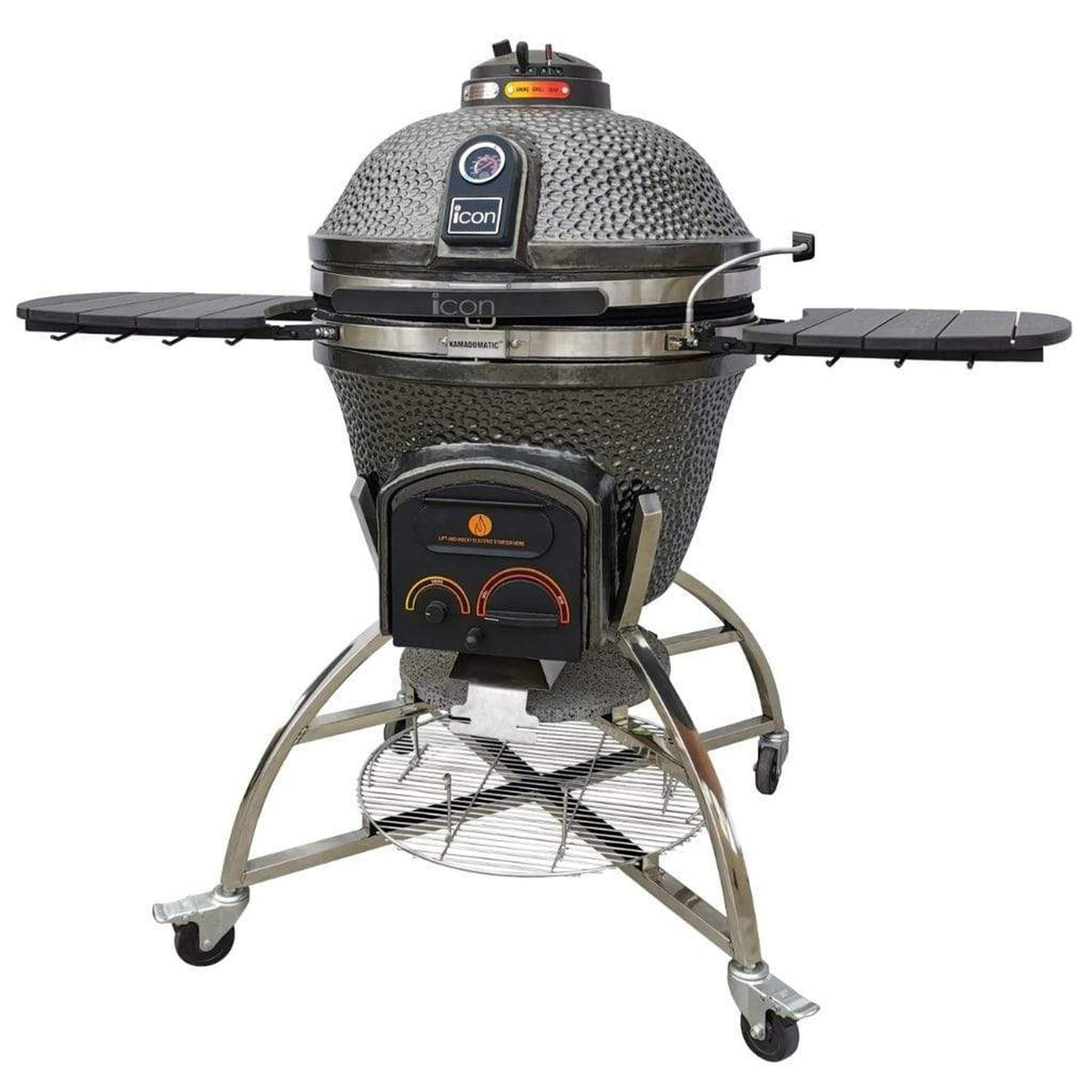 Gunmetal gray Icon Grills XD702 Maxis ceramic kamado grill on storage cart – view 2