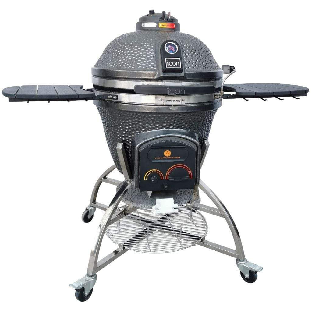 Gunmetal gray Icon Grills XD702 Maxis ceramic kamado grill on storage cart – view 3