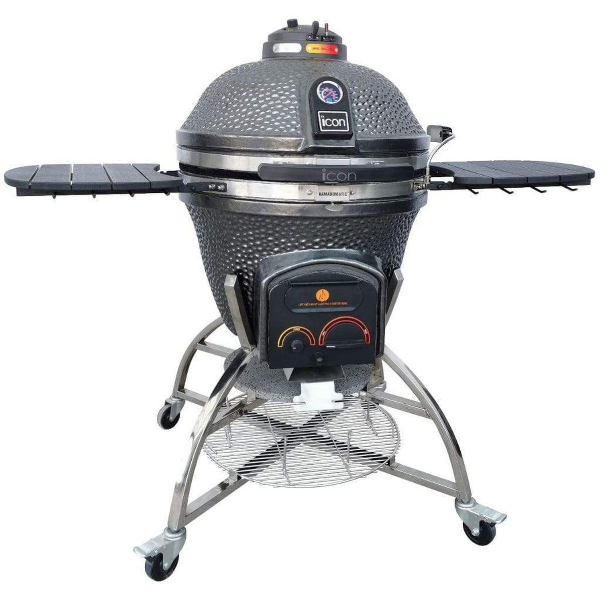 Gunmetal gray Icon Grills XD702 Maxis ceramic kamado grill on storage cart – view 3