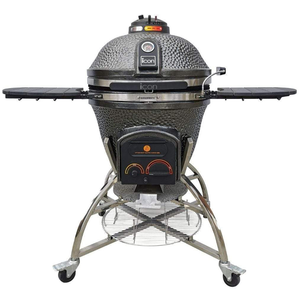 Gunmetal gray Icon Grills XD702 Maxis ceramic kamado grill on storage cart