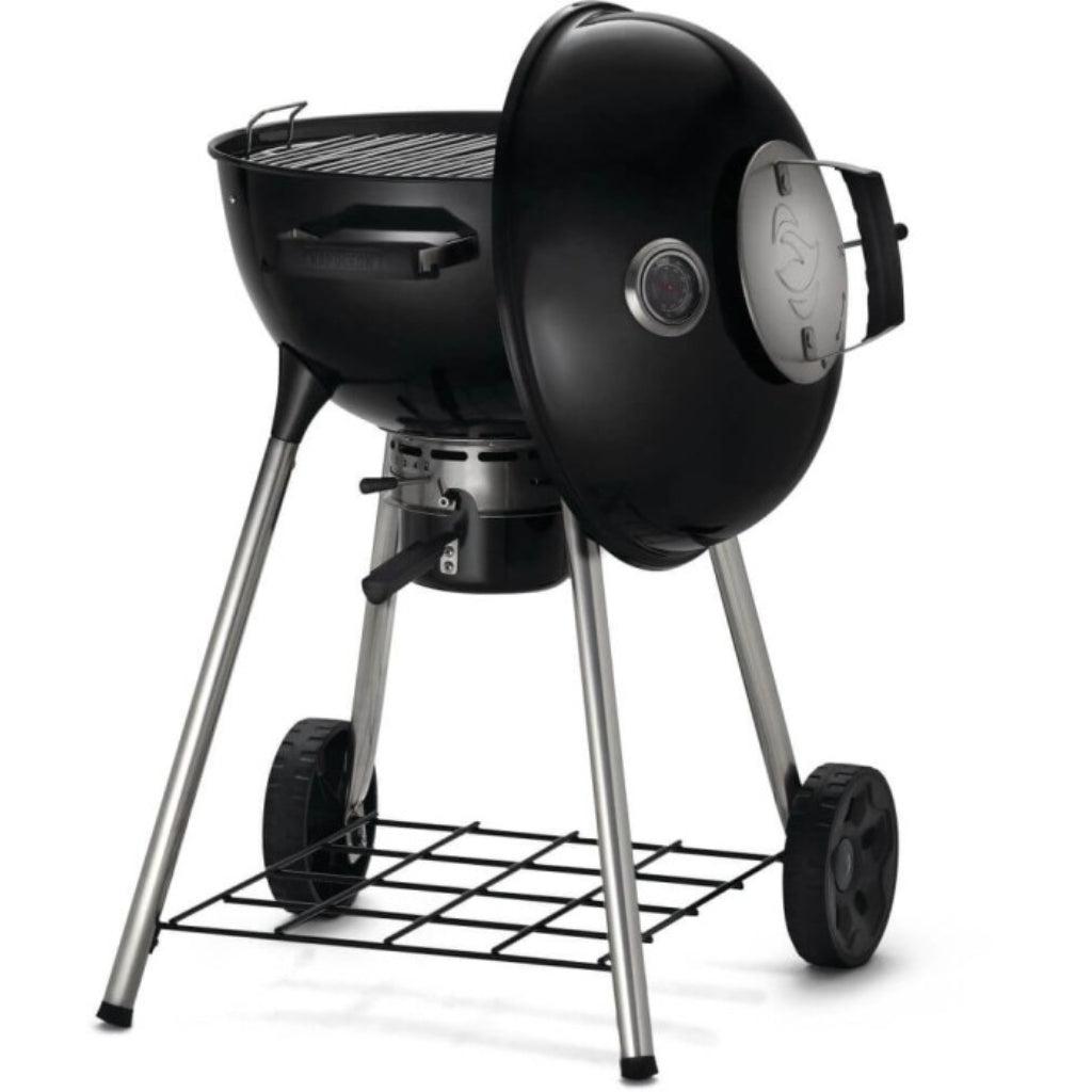 Black Napoleon 18 inch charcoal kettle grill on four-leg stand – view 2