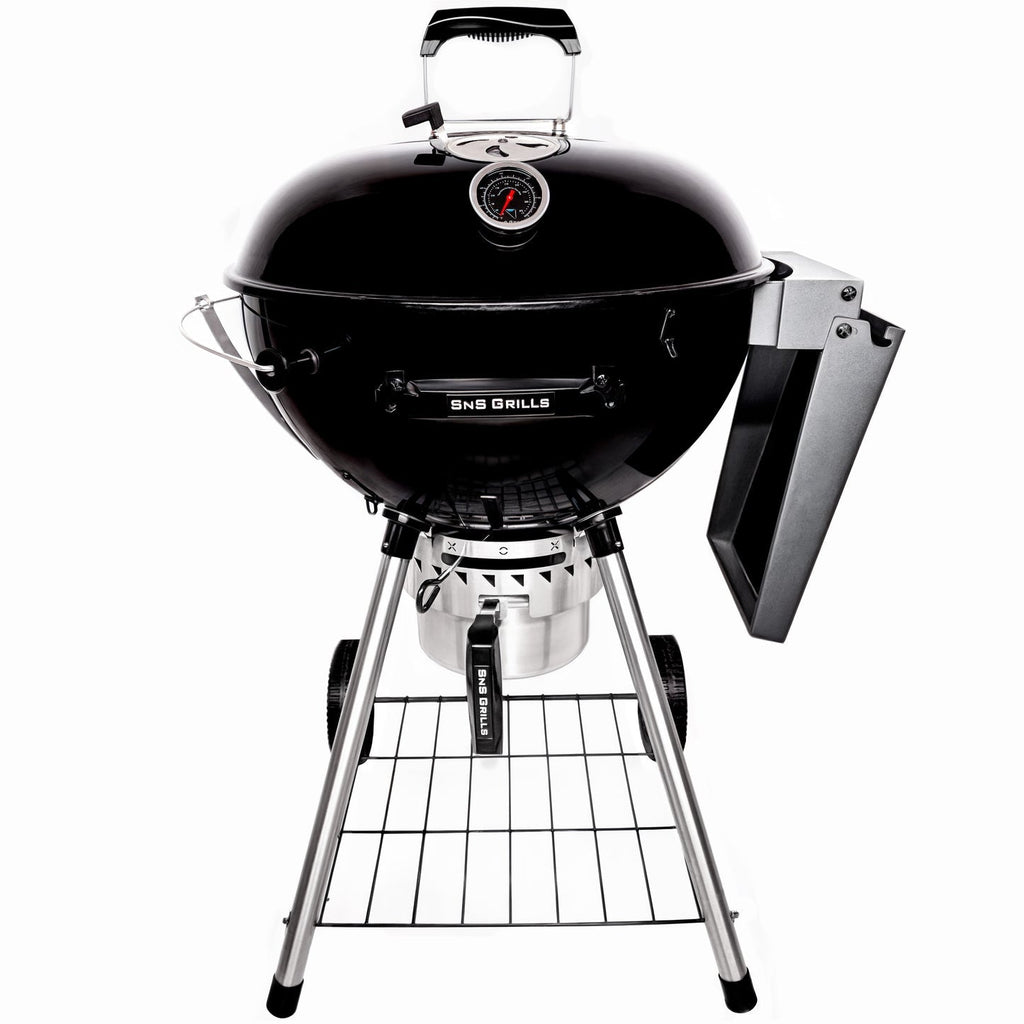 Black SnS Grills 22 inch Slow N Sear kettle charcoal grill with side shelf