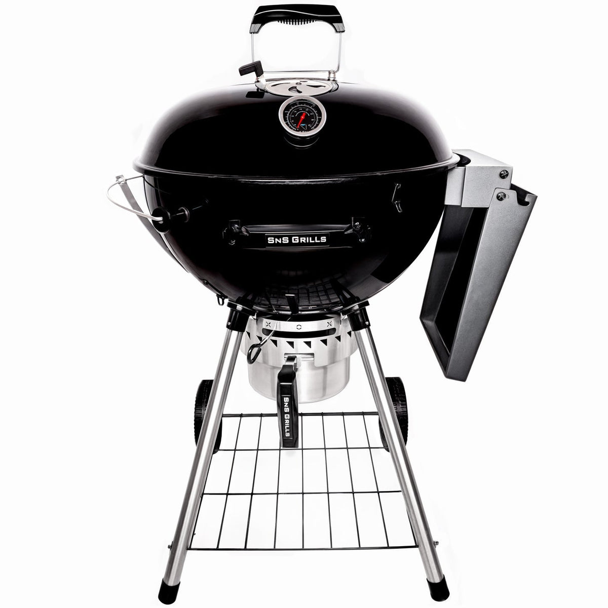 Black SnS Grills 22 inch Slow N Sear kettle charcoal grill with side shelf